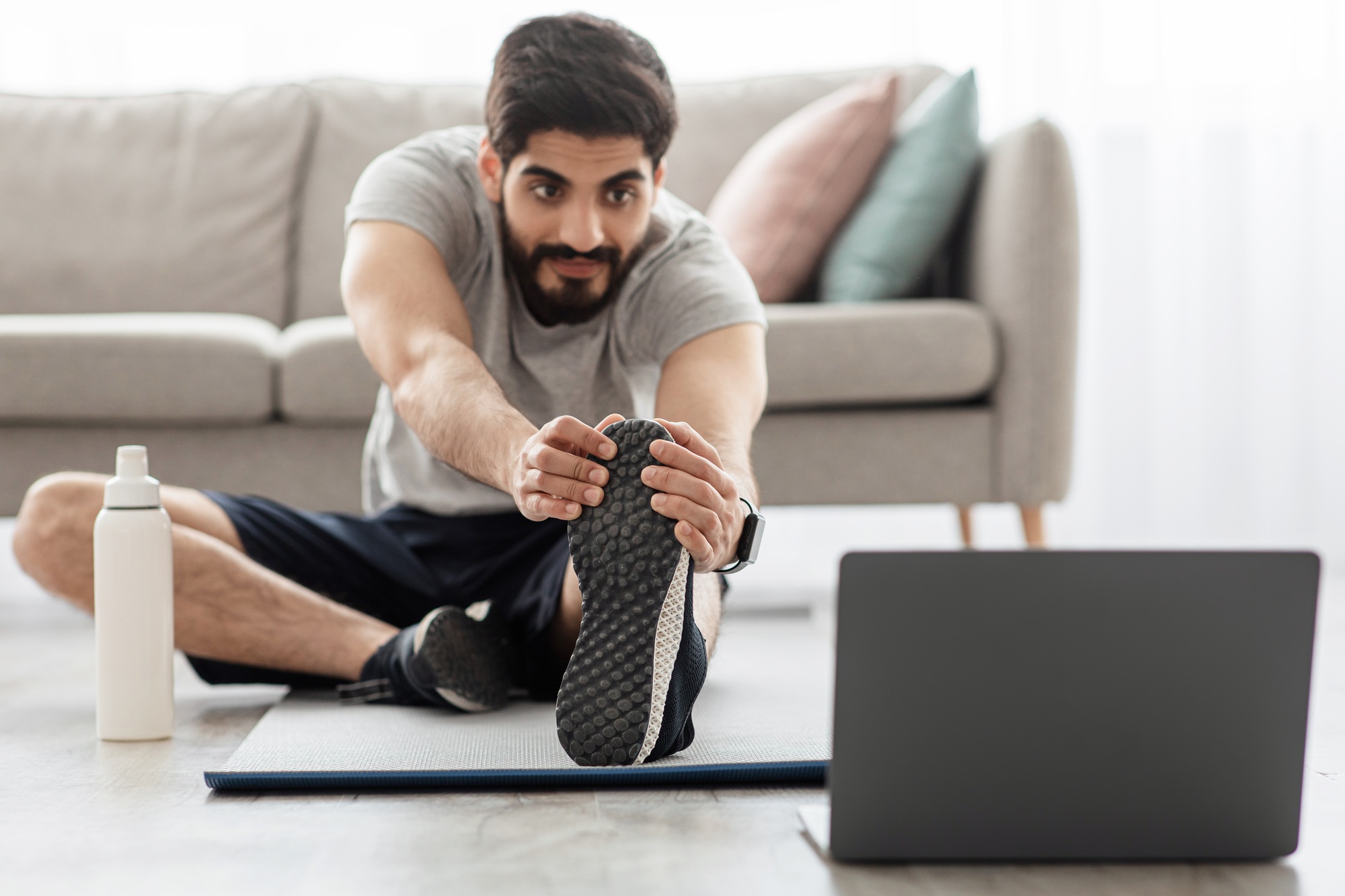Online trainer and workout remotely, home gym during social distancing